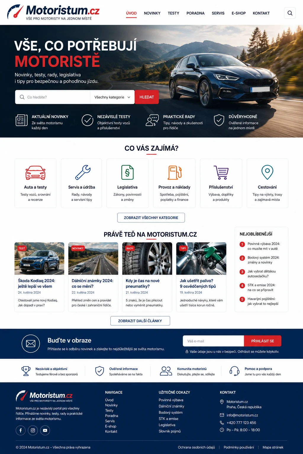 Vizuální návrh možného projektu Motoristum.cz zaměřeného na služby a informace pro motoristy